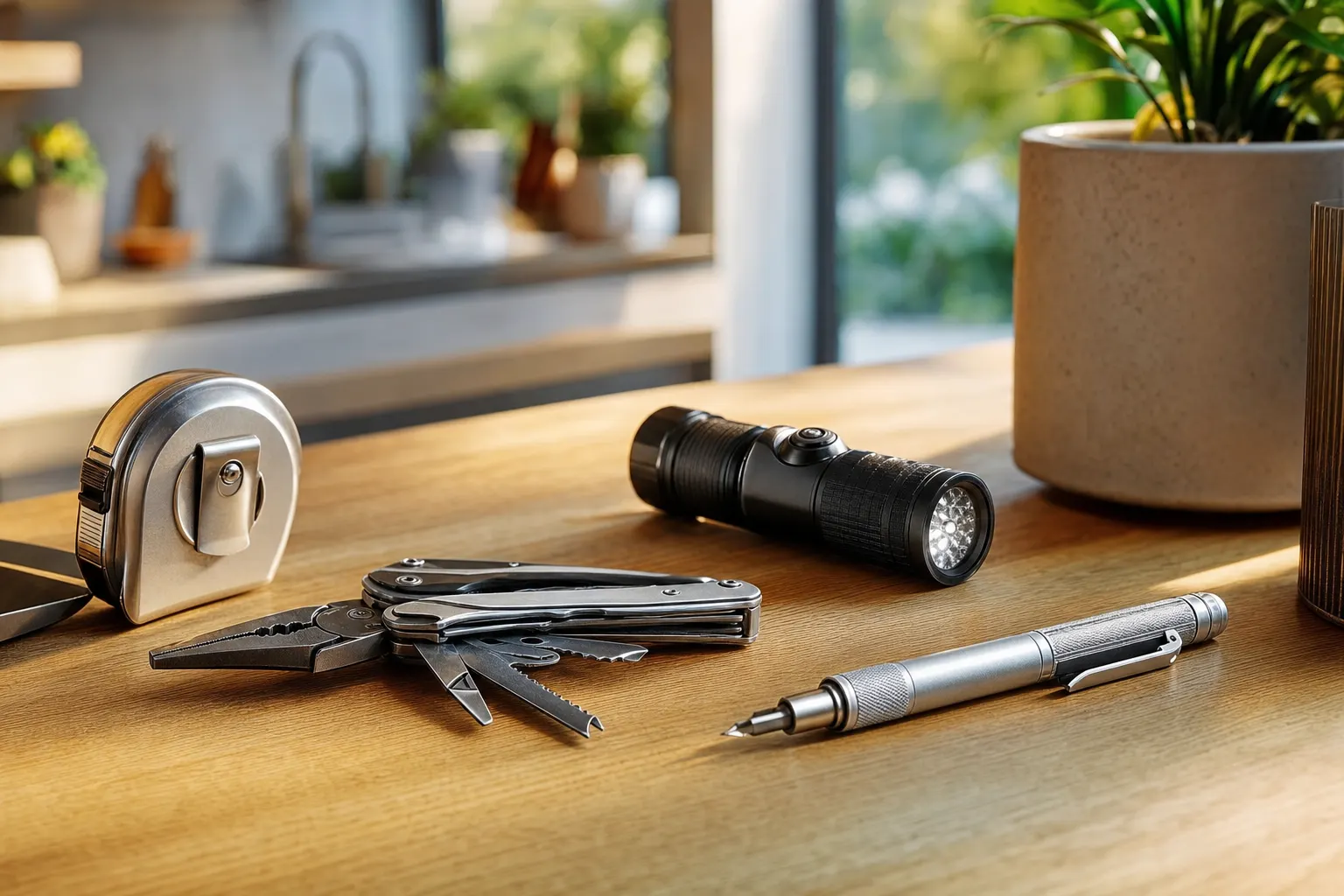 A tape measure, multitool, flashlight, and pen are arranged on a wooden table near a potted plant.