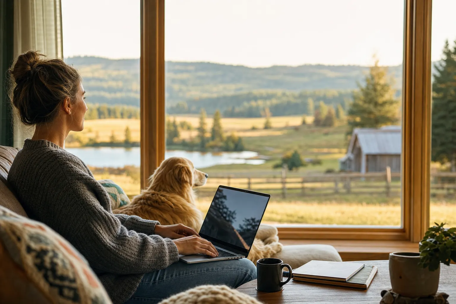 Person with a laptop and a dog sitting on a sofa by a large window overlooking a rural landscape.