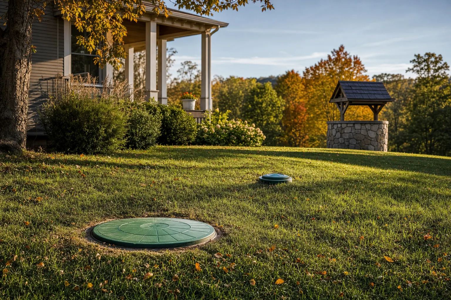 Green utility covers and a stone well in the grassy yard of a house with bushes and a porch.