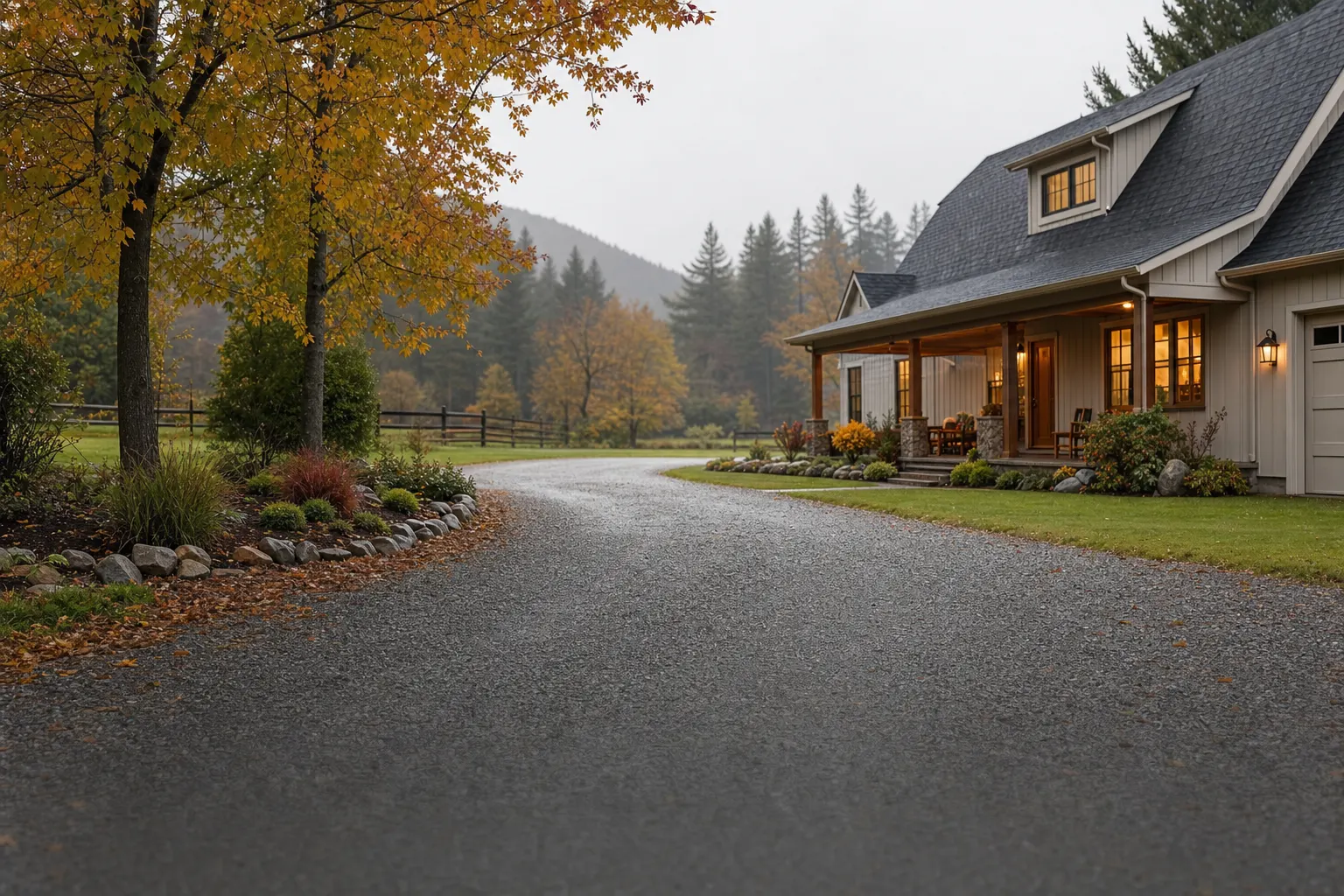 Gray house with a porch and warm lights sits by a curved driveway lined with autumn trees and shrubs.