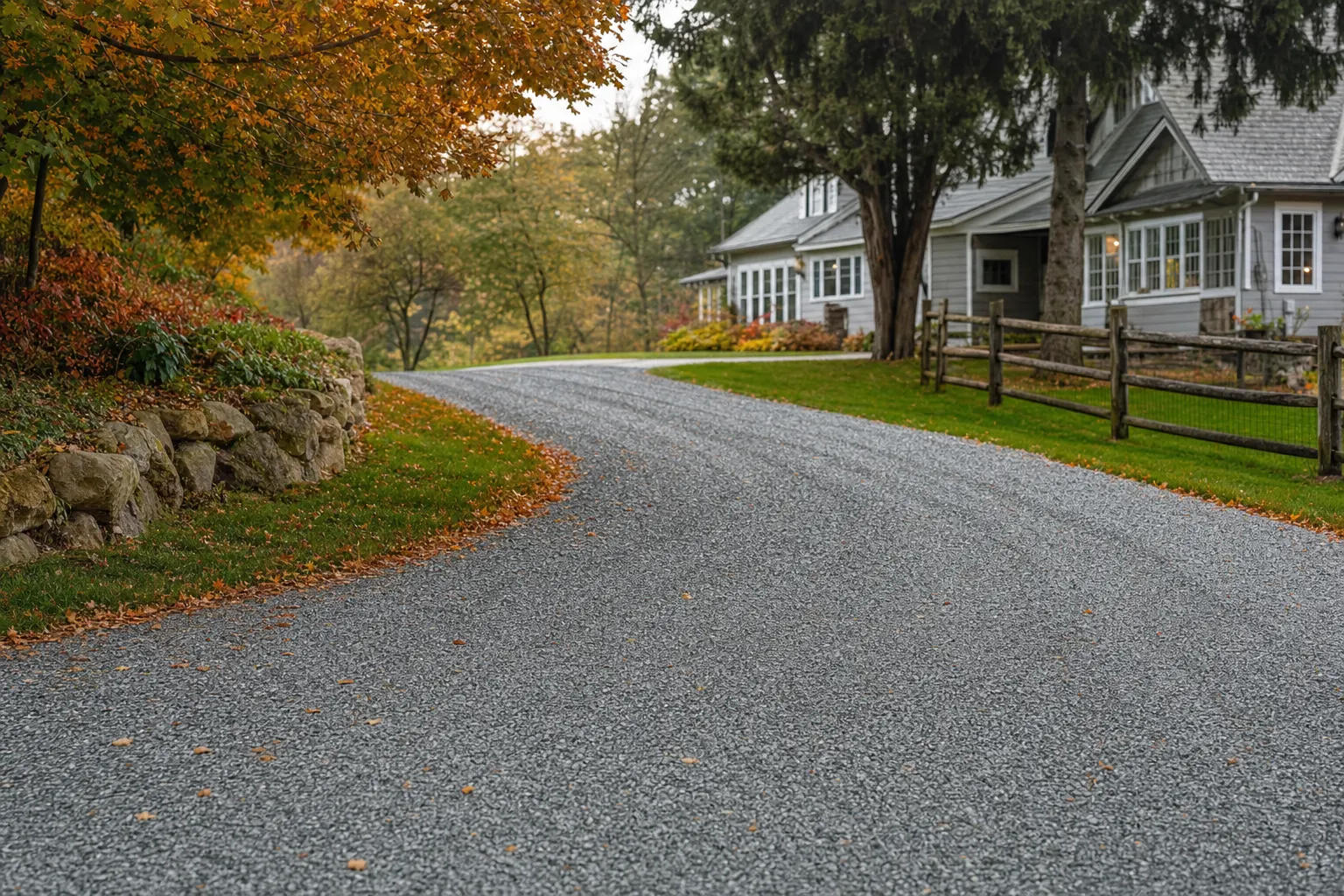 A gravel driveway curves past autumn trees and a gray house with a wooden fence.