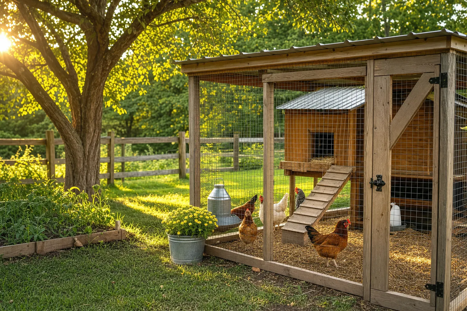 Several chickens stand inside a fenced wooden chicken coop next to a tree and a bucket of yellow flowers.