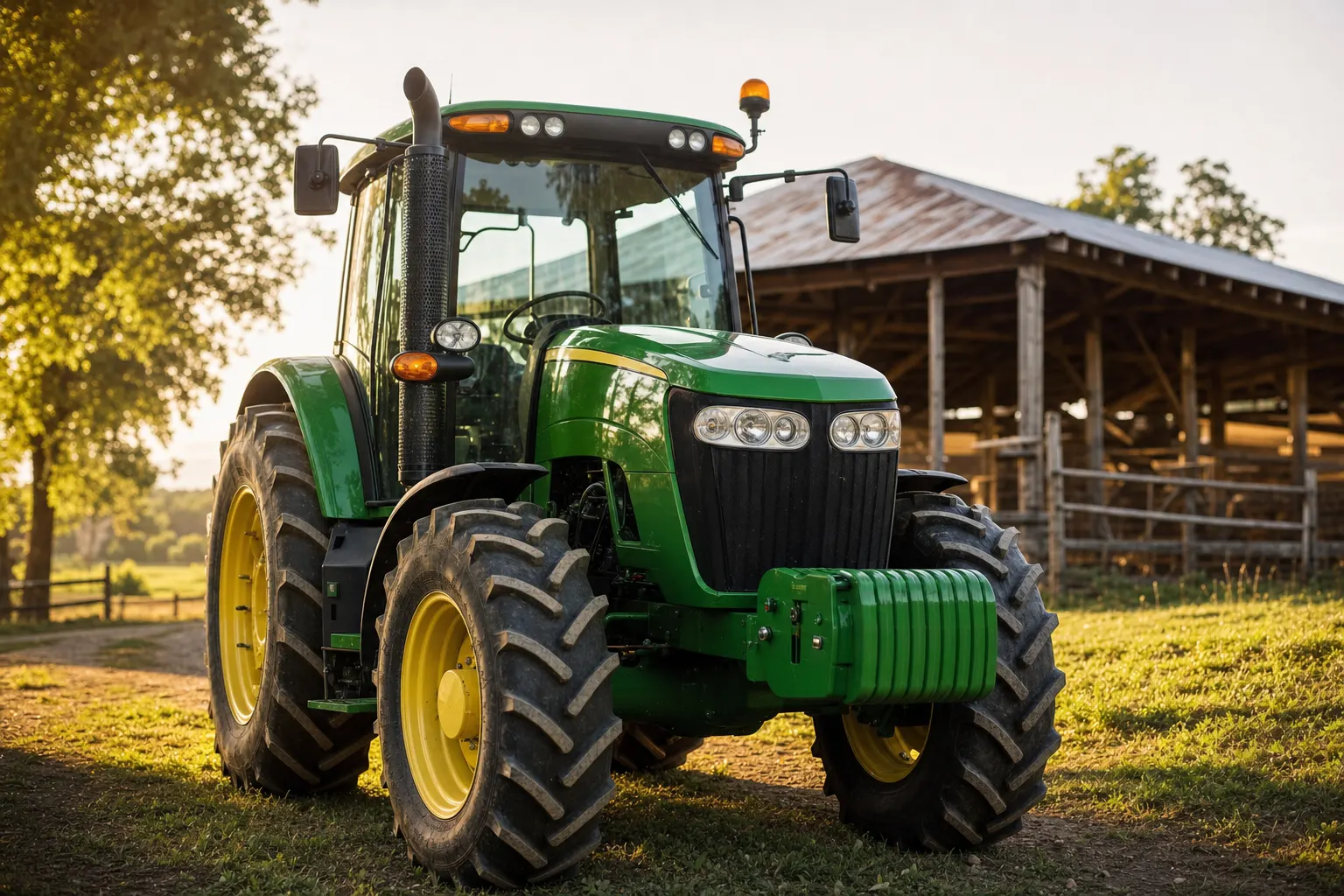 A green tractor with large yellow wheels is parked on grass near a wooden barn.