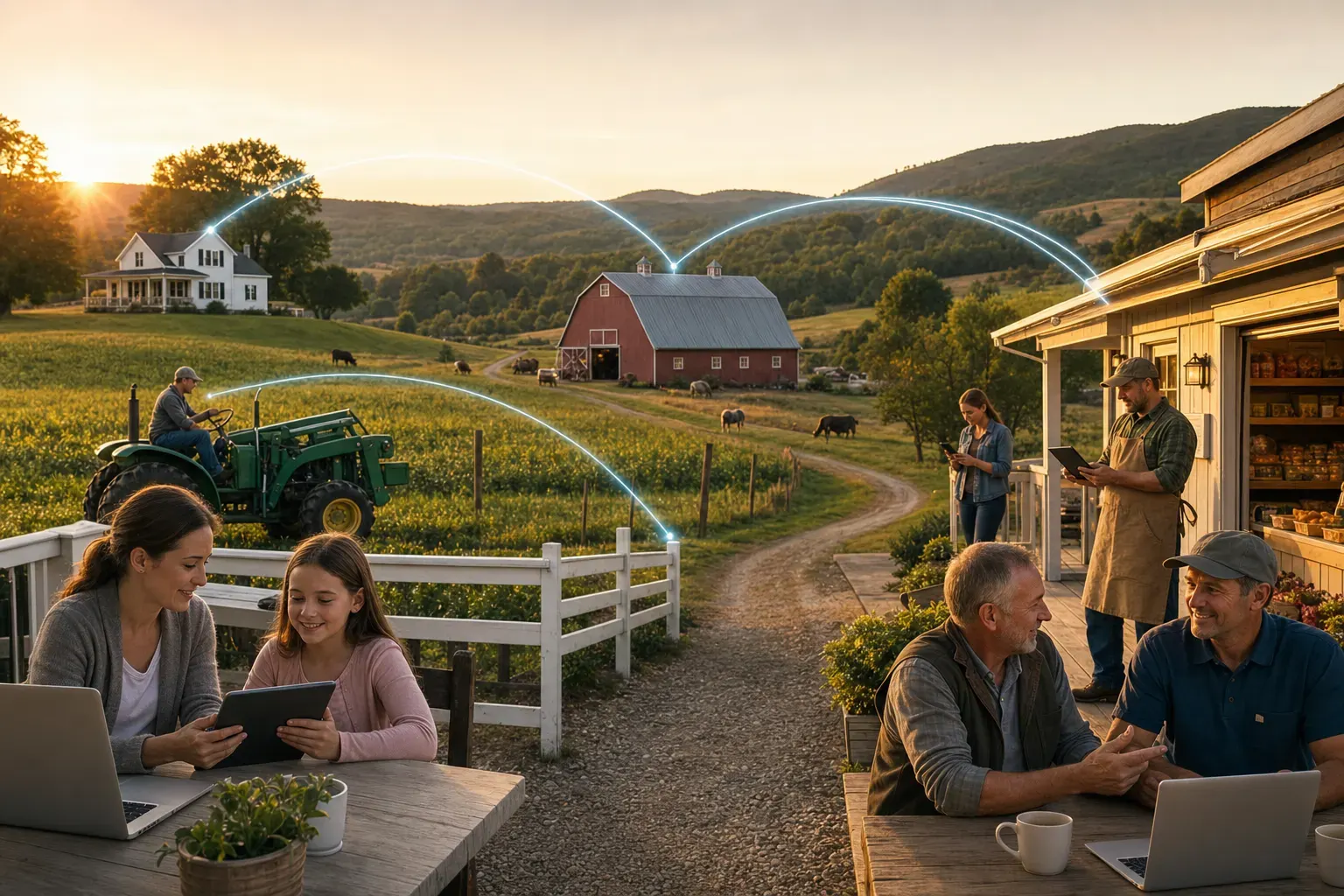 ONE dominant visual idea, readable in 1-2 seconds: A single vibrant rural landscape with thin, glowing cables of light arcing organically between a distant farmhouse, a barn, and a roadside shop—showing invisible connection brought to life. — Show the wide range of modern rural lives transformed—families, farmers, rural business owners—all benefiting from a robust internet connection, never left behind.