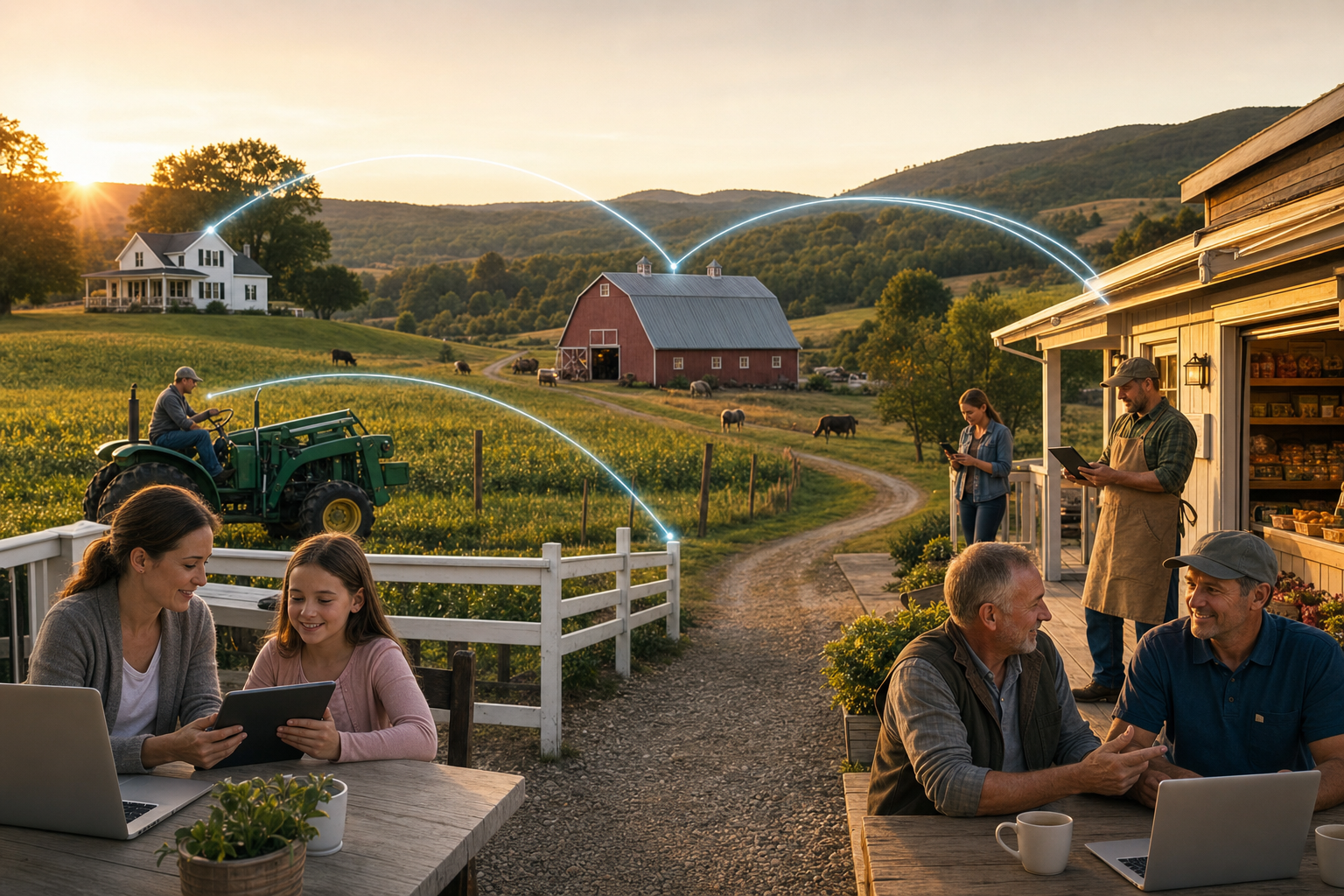 ONE dominant visual idea, readable in 1-2 seconds: A single vibrant rural landscape with thin, glowing cables of light arcing organically between a distant farmhouse, a barn, and a roadside shop—showing invisible connection brought to life. — Show the wide range of modern rural lives transformed—families, farmers, rural business owners—all benefiting from a robust internet connection, never left behind.