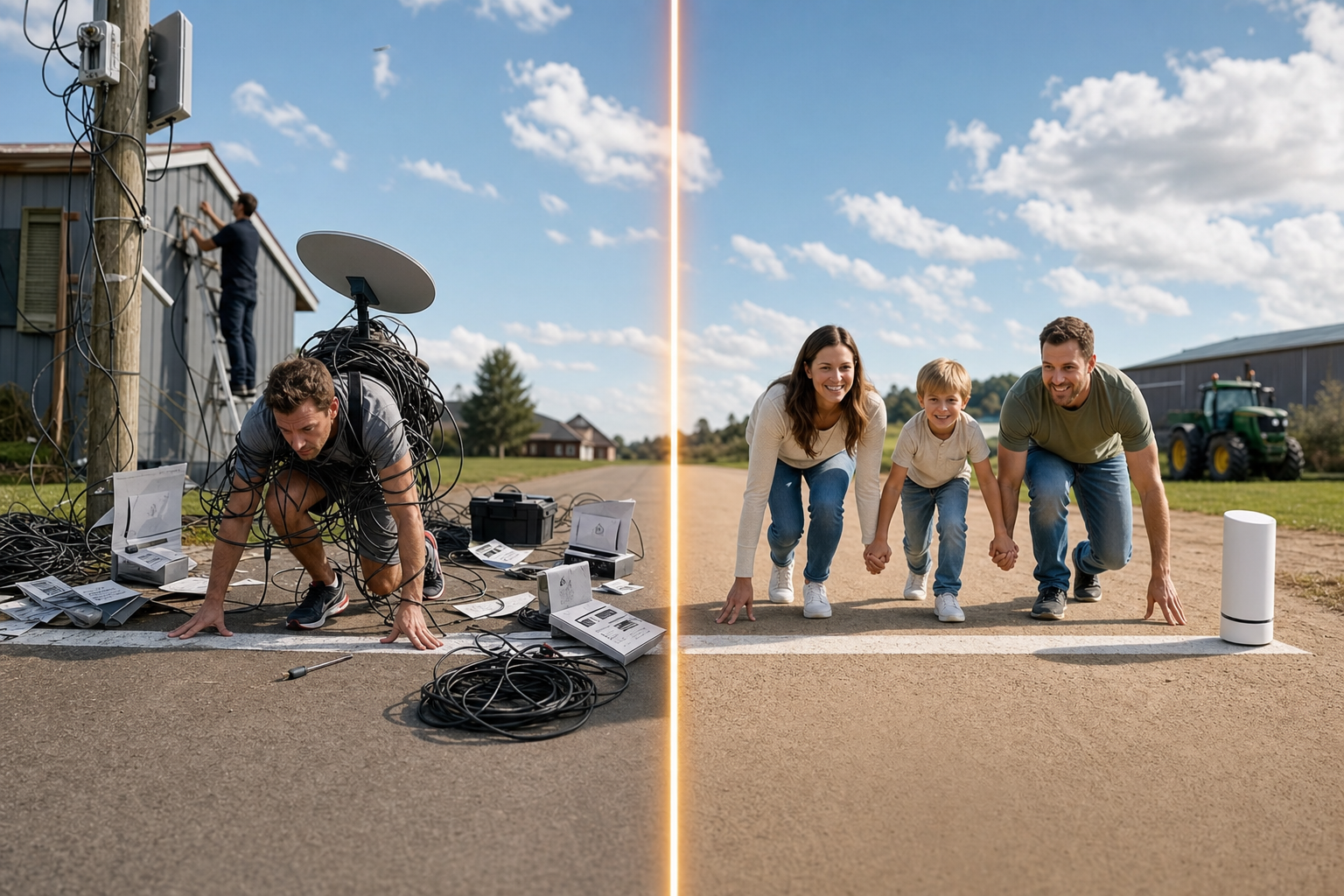 ONE dominant visual idea, readable in 1-2 seconds: On a wide stage, two starting lines: on the left, a runner in tangled gear waits for a complicated signal among wires and paperwork (Starlink); on the right, a family in casual clothes holds hands, ready to start their race with nothing in their way (Blazing Hog). — Present a direct, honest, and visually clean side-by-side comparison without using logos or confusing UI screens.