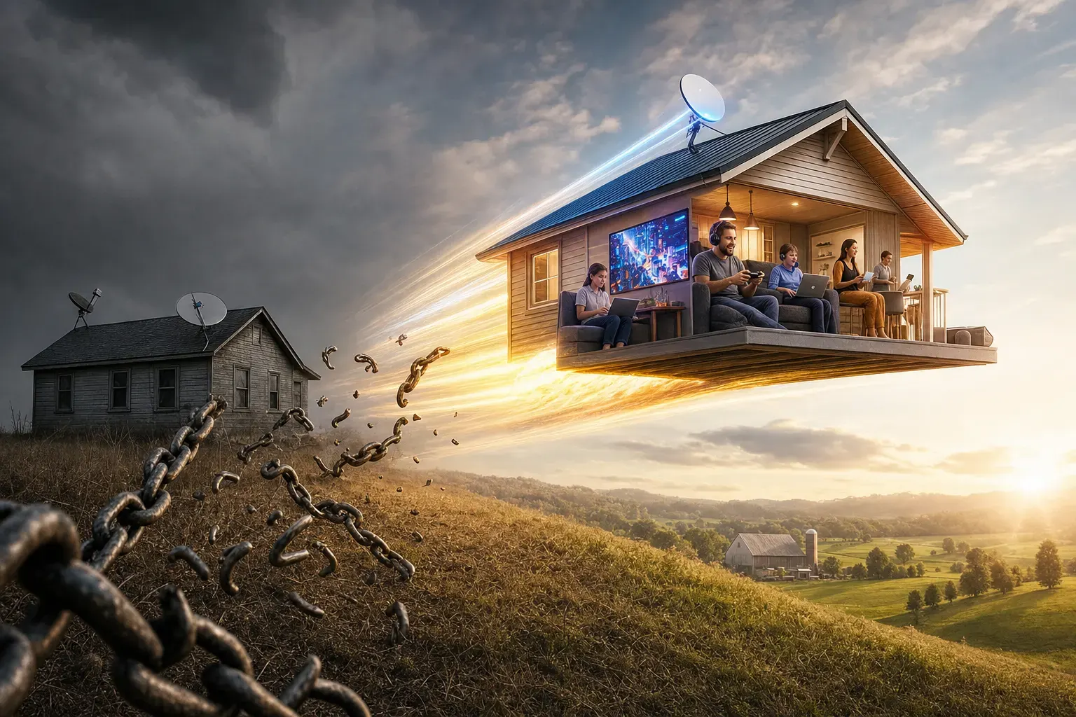 ONE dominant visual idea, readable in 1-2 seconds: A rural home launched forward on a rocket of light, trailing off old, broken chains (data caps/contracts) left behind on a dull, unlit house. The hero house brims with life and activity—gaming, streaming, connectedness—while its rival is stuck in gray stagnation. — Deliver quick, punchy feature contrast between Blazing Hog and HughesNet via a single vivid visual; powerfully convey the freedom, speed, and simplicity advantage.