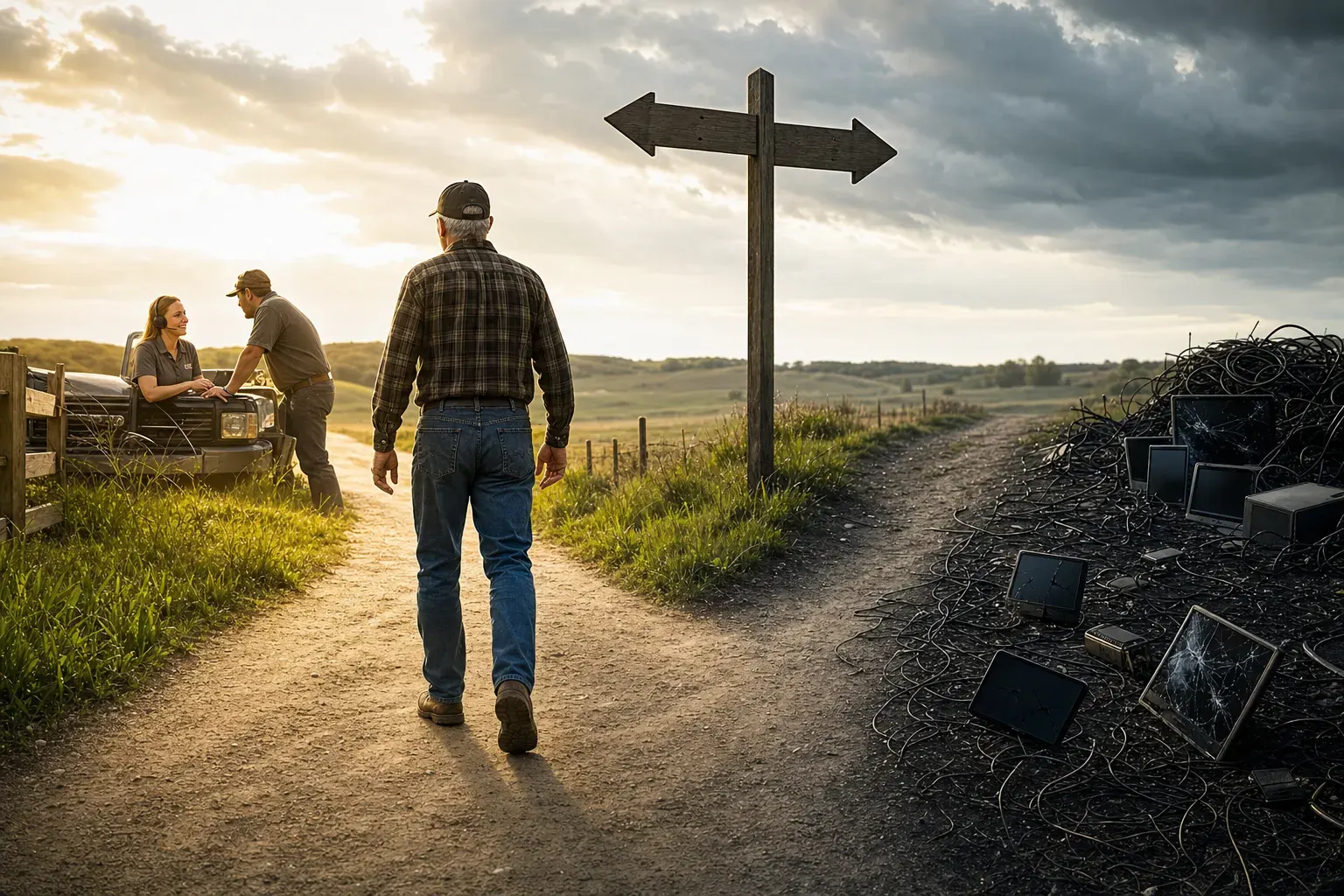 ONE dominant visual idea, readable in 1-2 seconds: A rural customer stands at a literal crossroads—one sign points to 'Real People' (glowing, inviting path), the other to 'Chatbots' (dead end, tangled wires, dead screens). The customer walks confidently toward the lit path. — Illustrate the key difference between real, empathetic support and generic, impersonal chatbot interactions—human connection prevails.
