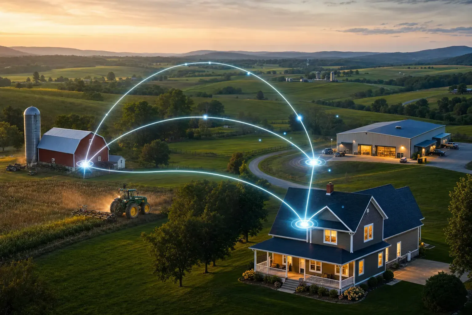 ONE dominant visual idea, readable in 1-2 seconds: A stylized, 'connected map' visual showing illustrated icons of a farmhouse, a rural business, and a home spaced across a neutral landscape, all lit up and interconnected by subtle lines—each glowing with activation and connection. — Illustrate the range of the service without defaulting to a generic montage—suggest coverage for rural homes, agriculture, and rural businesses in a cohesive, readable visual.