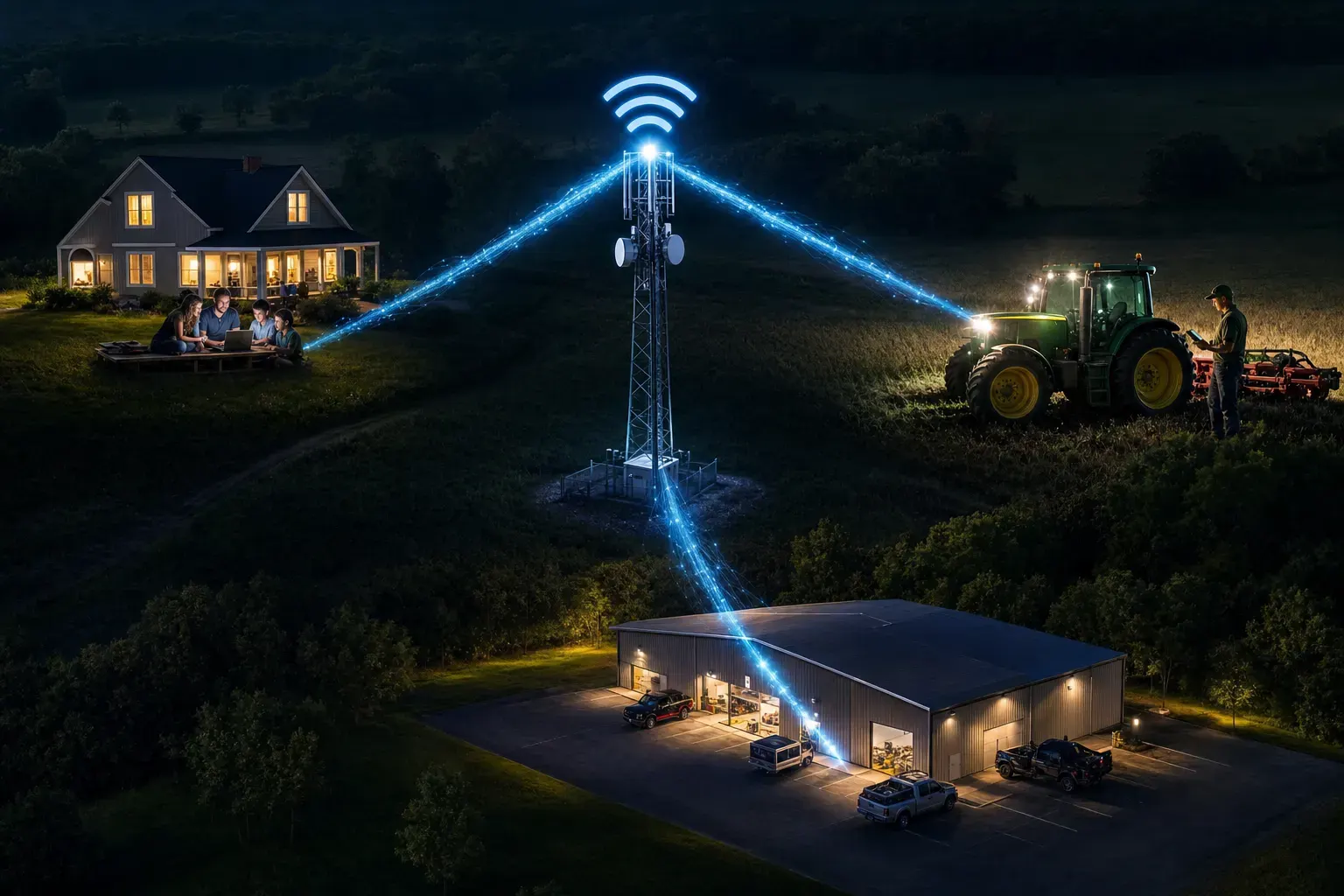 ONE dominant visual idea, readable in 1-2 seconds: From a single, high-powered Wi-Fi signal tower in the center, spotlights of glowing connectivity stretch into dark rural surroundings, each beam landings on a visible, detailed scene—a family, a farmer, and a business—in small islands of radiant light around the frame. — Visually represent the wide diversity of rural internet users served by Blazing Hog—showing family, farm, and business without tying to any one region.