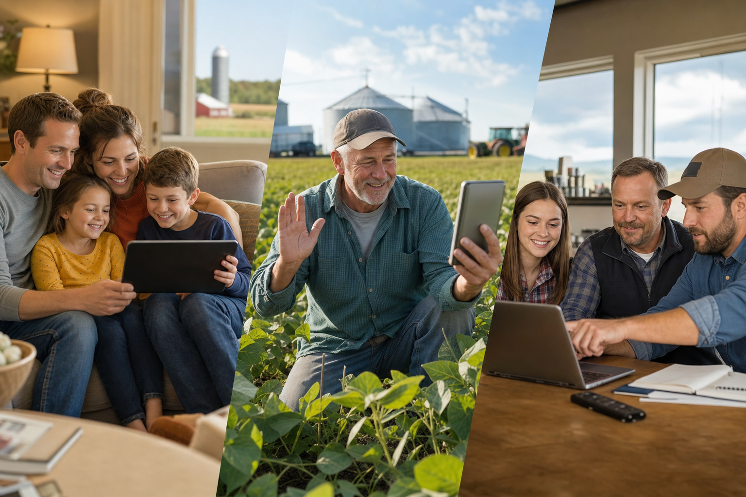 ONE dominant visual idea, readable in 1-2 seconds: Three angled vignettes seamlessly blended: a home family streaming together, a farmer video-calling in a field, and small business team collaborating online—each vignette set in a generic rural or edge-of-town landscape. — Show the range of people, settings, and connected activities empowered by seamless rural internet—no one is isolated, all are part of the digital world.