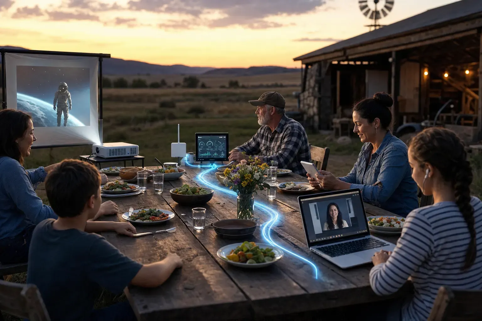 ONE dominant visual idea, readable in 1-2 seconds: One sprawling table set in an open rural landscape, each segment occupied by a different end-user type (family with a movie projector, farmer with IoT dashboard, business owner running payments, student on a video class)—all sharing a dinner, all linked by the gentle glow of digital light running like a river through the table. — Showcase the universal reach of Blazing Hog’s service: families, farms, rural entrepreneurs, and students all thriving online with powerful, unlimited rural internet.