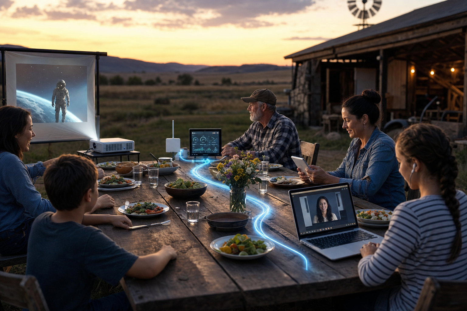 ONE dominant visual idea, readable in 1-2 seconds: One sprawling table set in an open rural landscape, each segment occupied by a different end-user type (family with a movie projector, farmer with IoT dashboard, business owner running payments, student on a video class)—all sharing a dinner, all linked by the gentle glow of digital light running like a river through the table. — Showcase the universal reach of Blazing Hog’s service: families, farms, rural entrepreneurs, and students all thriving online with powerful, unlimited rural internet.