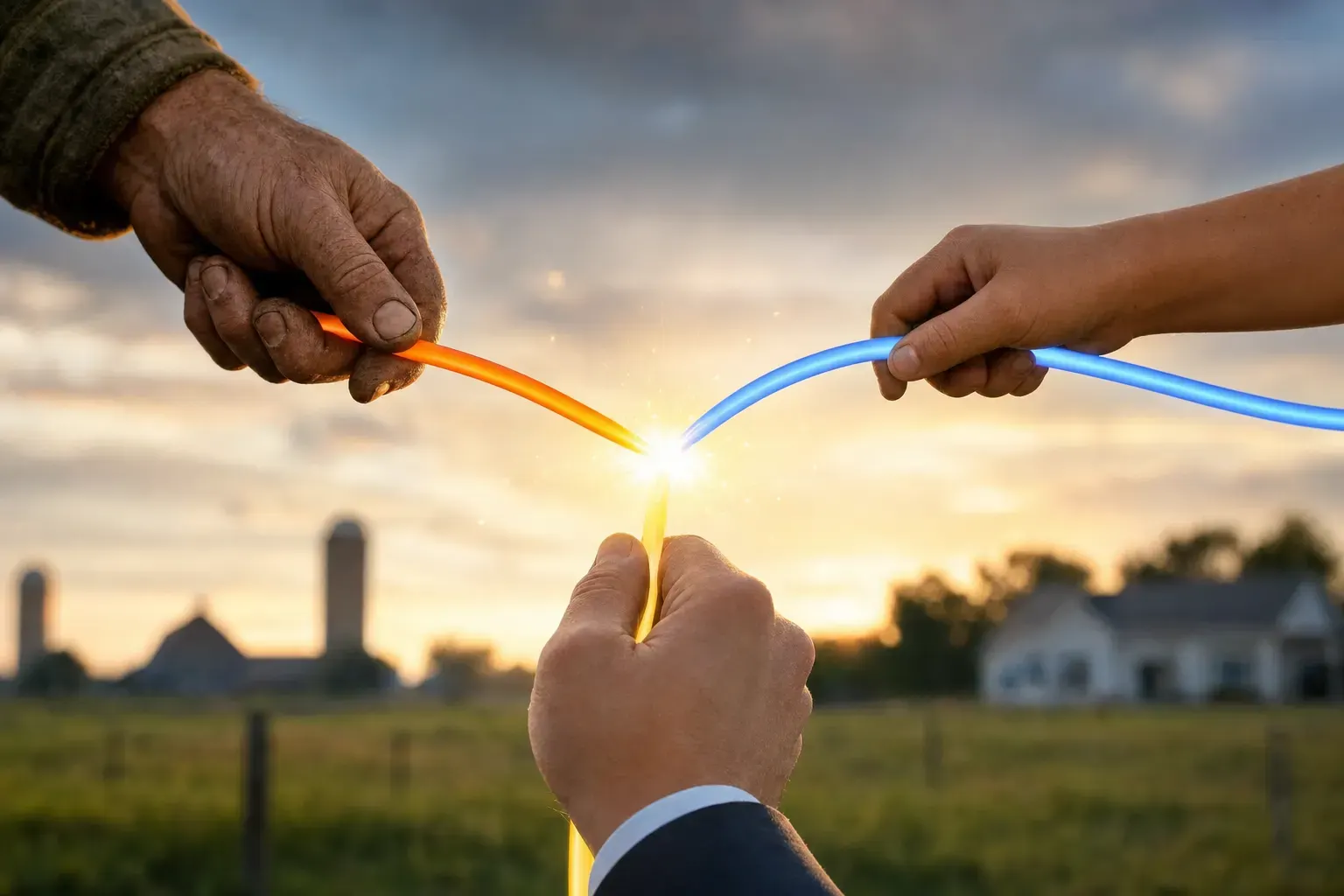 ONE dominant visual idea, readable in 1-2 seconds: Three hands—one rugged, one young, one with a business cuff—reaching in from three edges of the frame, each grasping a bright cable that connects off-screen to a shared burst of light at center frame. — Show the cohesion and variety of users (family, farmer, business owner)—united by seamless connectivity—without local specifics, reinforcing the service’s reach and variety.