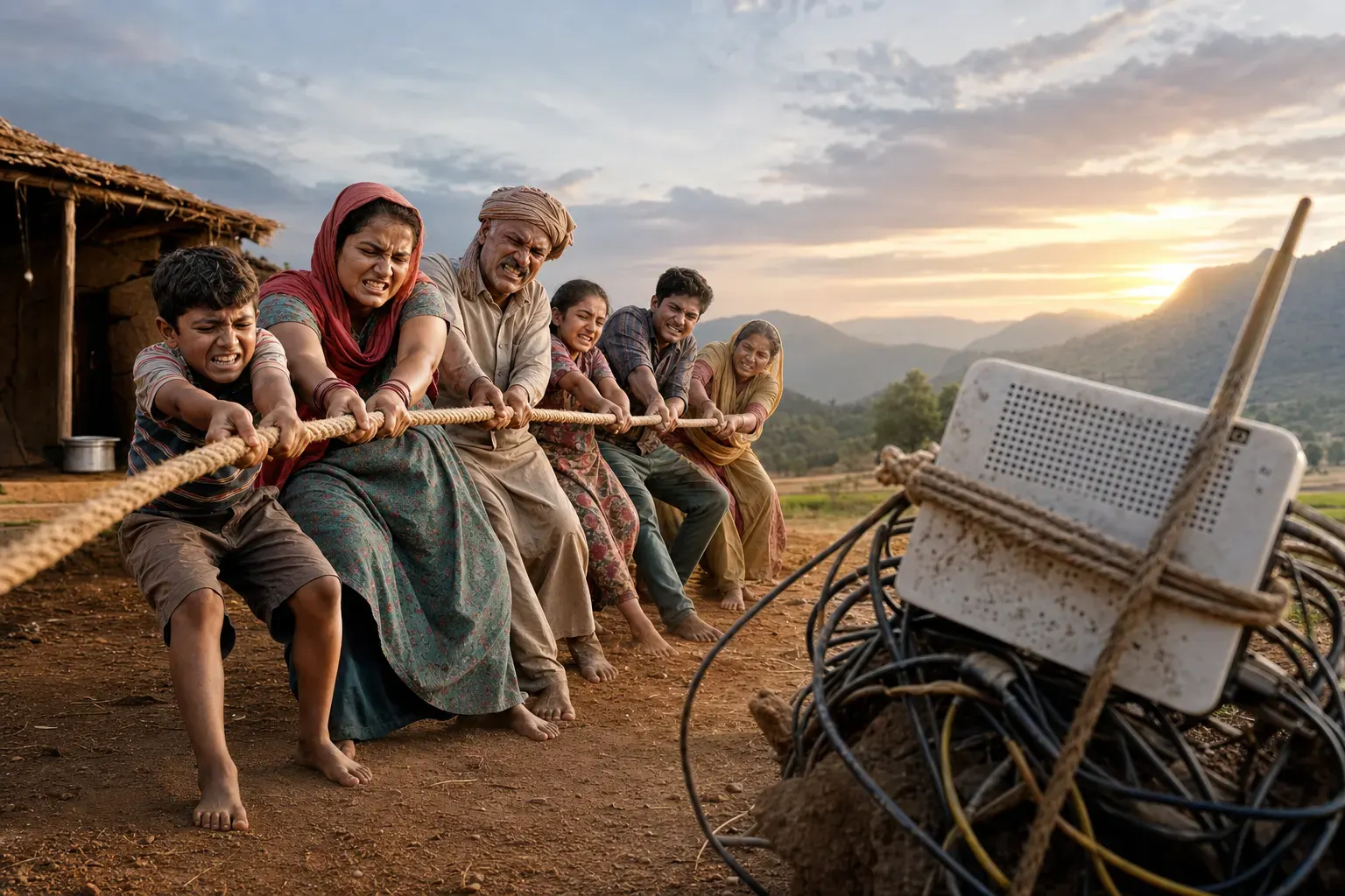 ONE dominant visual idea, readable in 1-2 seconds: A tug-of-war rope: one side, a whole rural family straining to pull; the other, an anchored symbol of stubborn old tech (dusty modem, knotted cables), the family losing ground, faces in visible frustration. — Visually dramatize the pains and frustrations of slow rural internet: the hurdles, the friction, the small moments of exasperation or lost connection in family or work life.