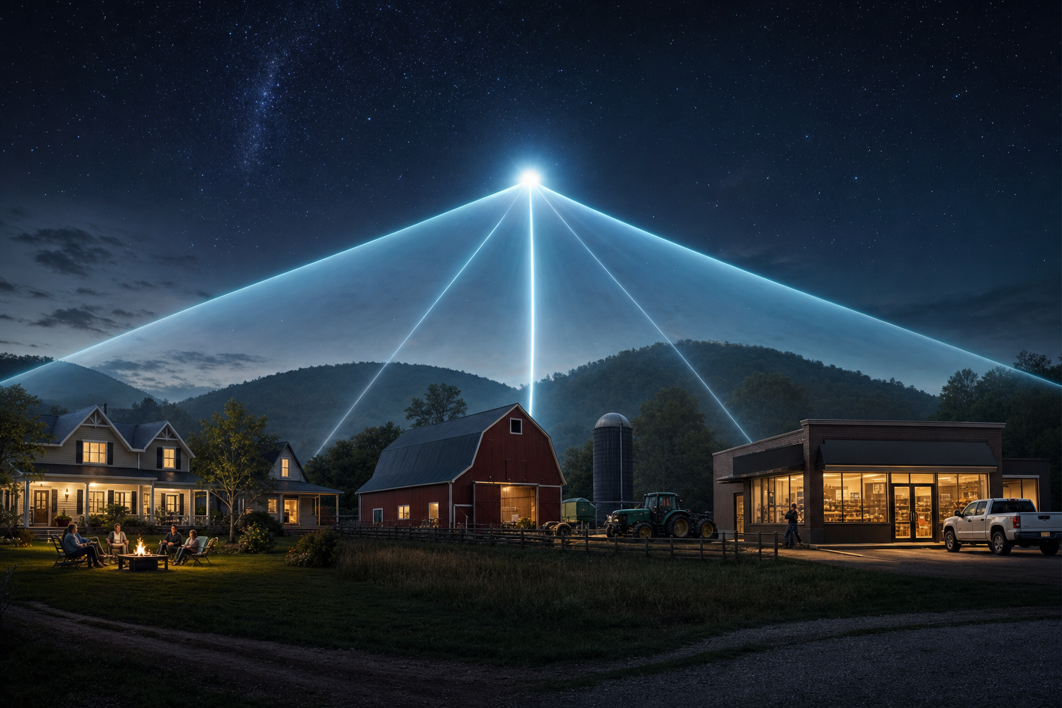 ONE dominant visual idea, readable in 1-2 seconds: A single bright, clear beam of light spreads outward, illuminating diverse silhouettes—a house, barn, and storefront—against a stylized rural-night backdrop. — Visually summarize the full breadth of service types and easy onboarding: reliable, high-speed internet blanketing all kinds of rural America, for every household and business type.