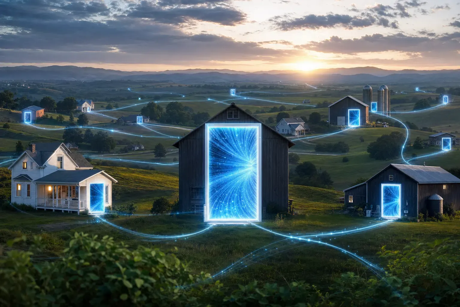 Several rural houses and barns connected by glowing blue digital lines and illuminated blue doorways.