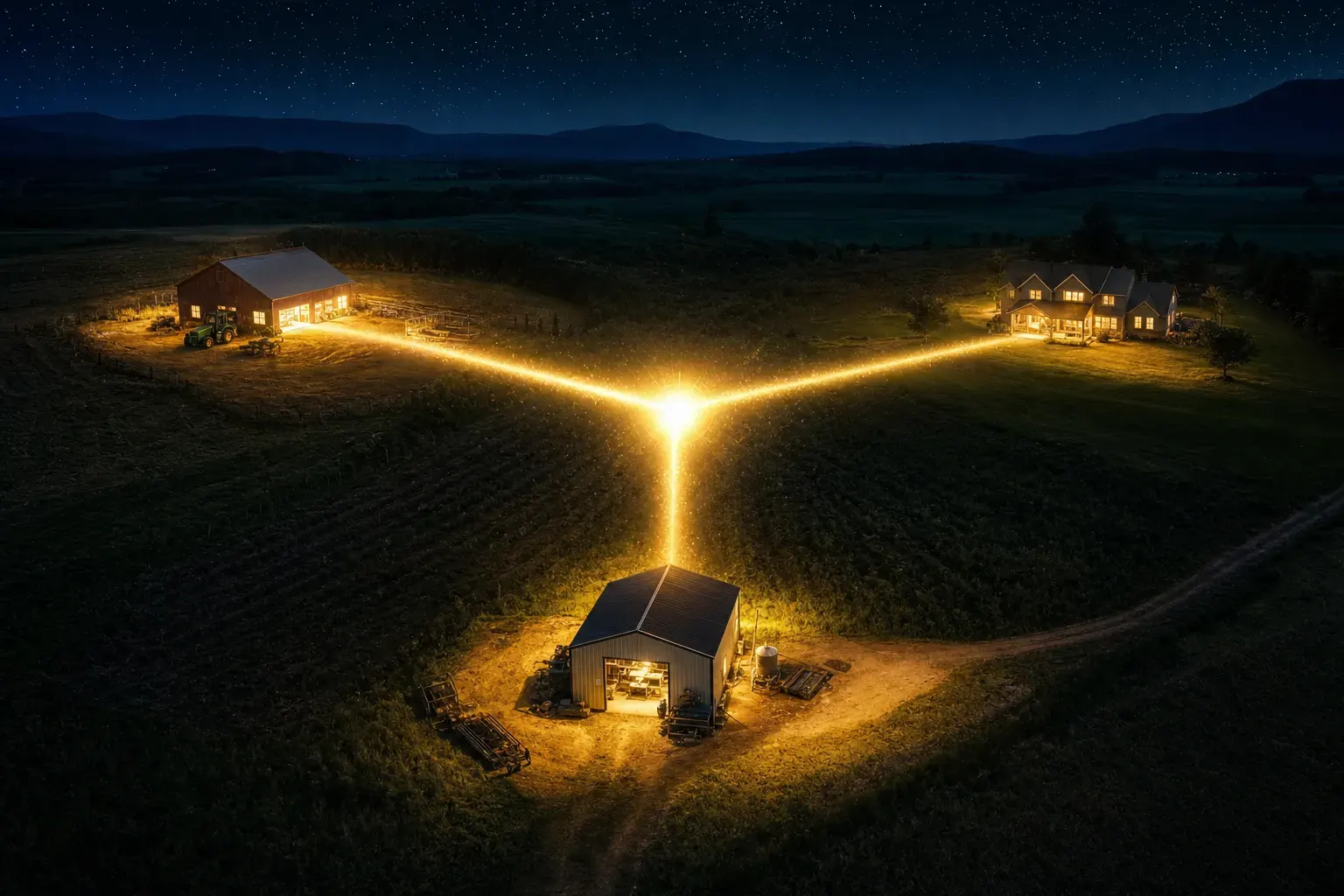 A barn, a house, and a shed are connected by glowing yellow lines at night in a rural landscape.