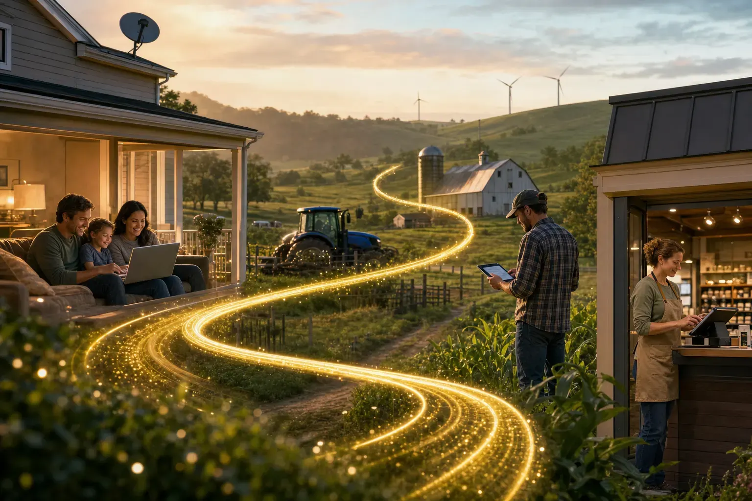 A family uses a laptop on a porch while others use digital devices on a farm with a glowing yellow path connecting them.