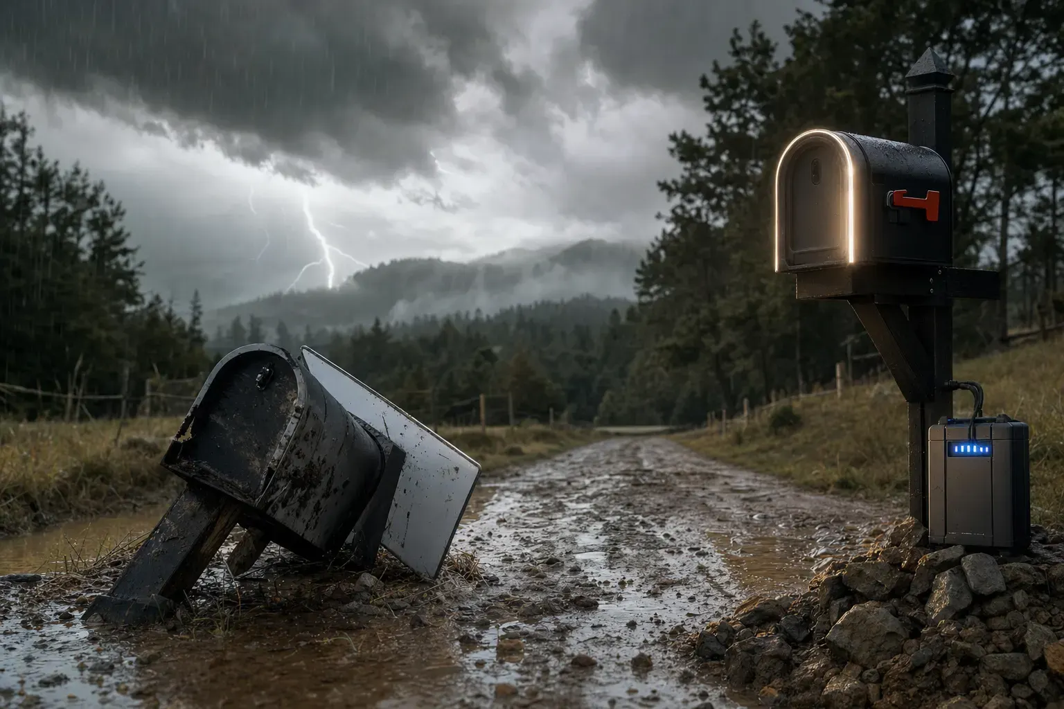 Two mailboxes on a muddy rural road, one broken and leaning, the other upright with lights and a battery pack.