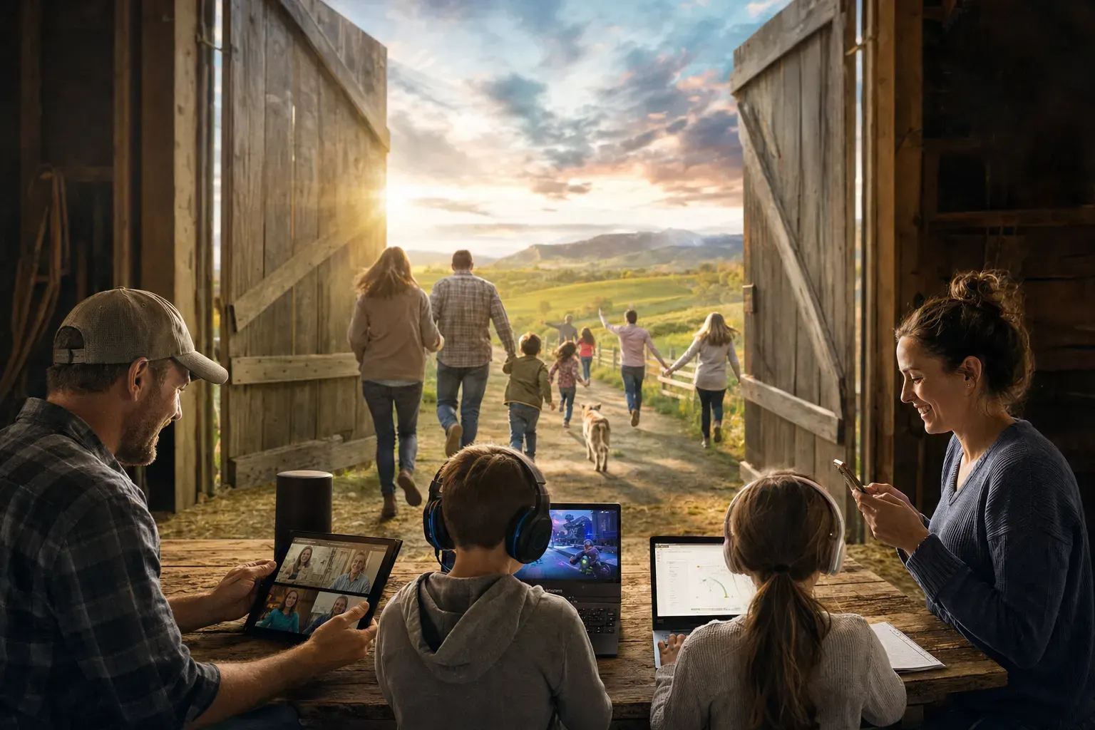 A family sits at a wooden table using electronic devices while others and a dog run outside through barn doors.