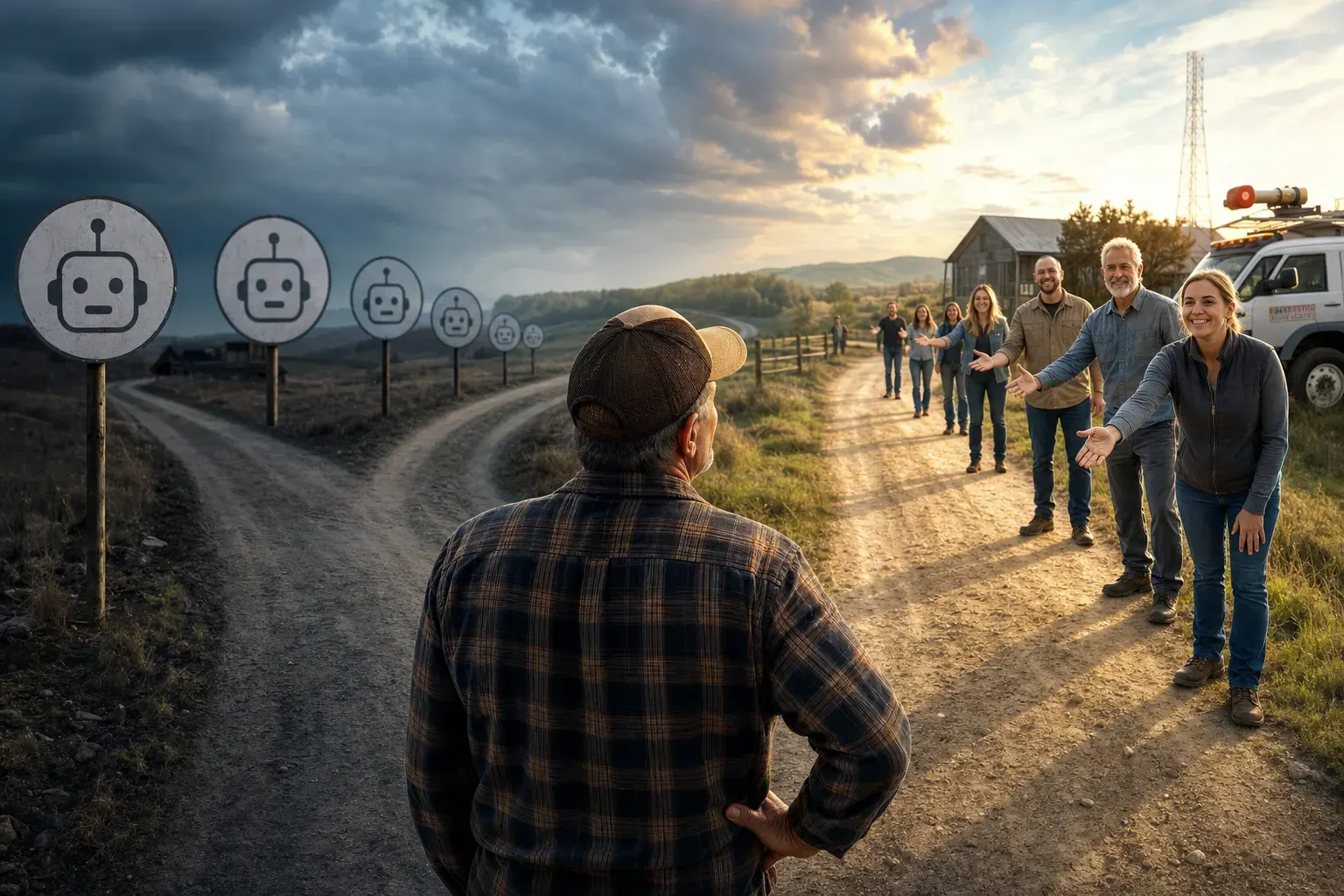 A man stands at a fork in a rural road, facing robot signs on one path and welcoming people on the other.